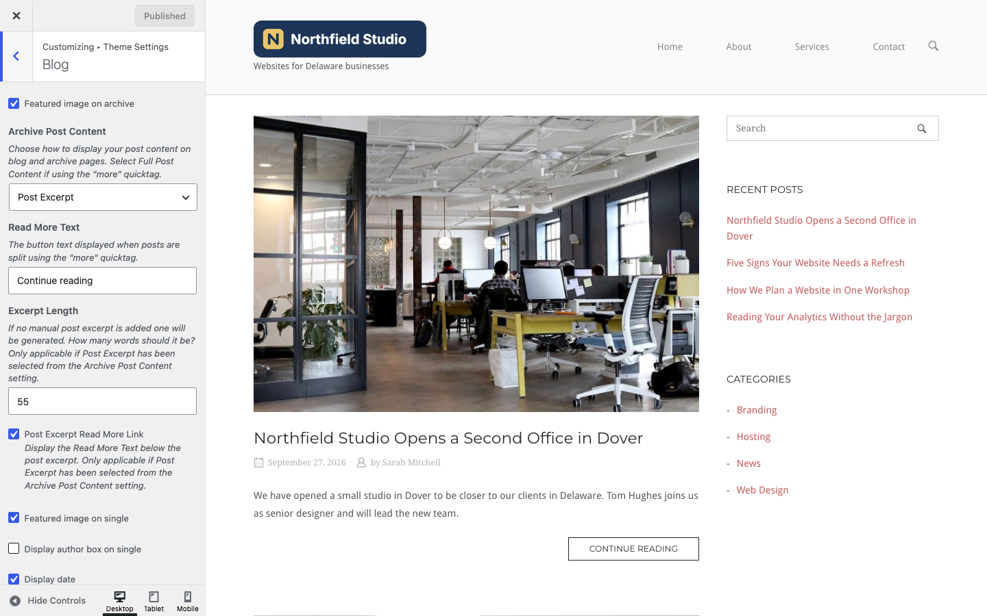 The Blog section with Post Excerpt selected and a Continue reading button in the preview