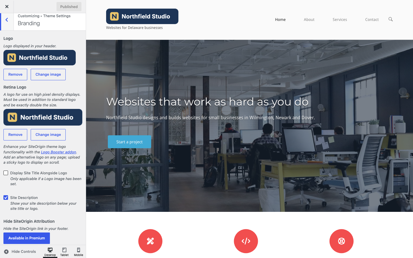 The Branding section with the Northfield Studio logo, the Logo Booster note and the Available in Premium button