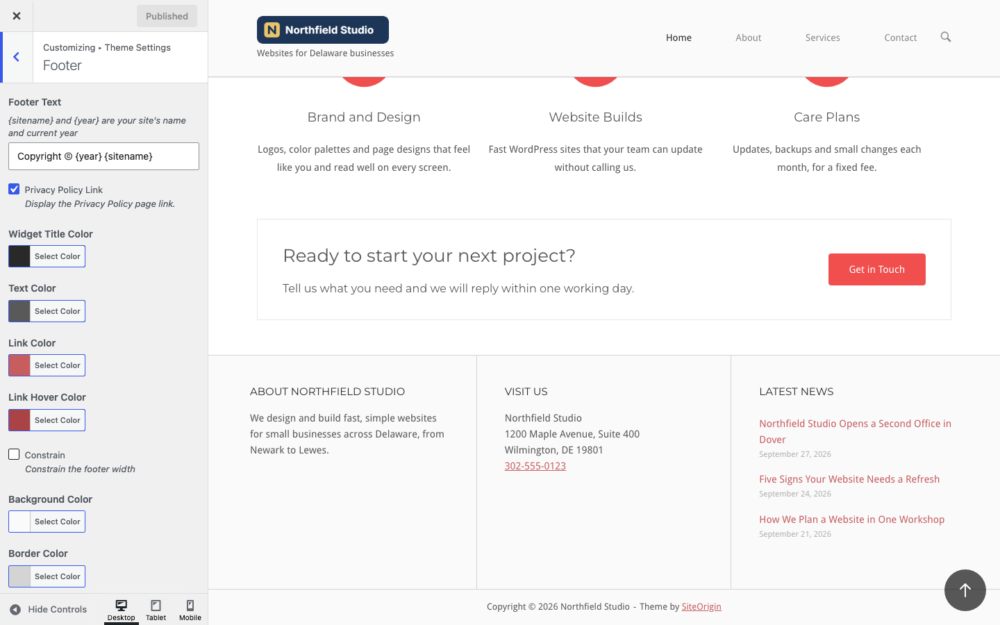 The Footer section with the default footer text and the site footer in the preview