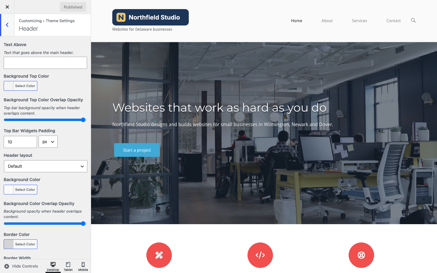 The Header section with Text Above, top bar colors, Header layout and padding settings