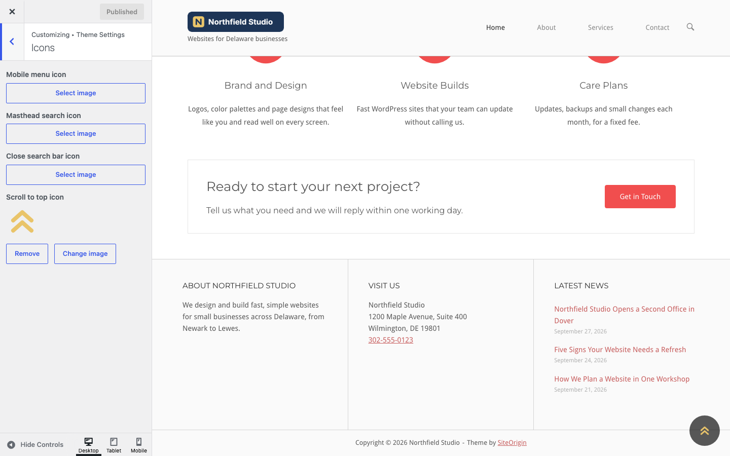 The Icons section with a custom scroll to top icon and the button in the preview