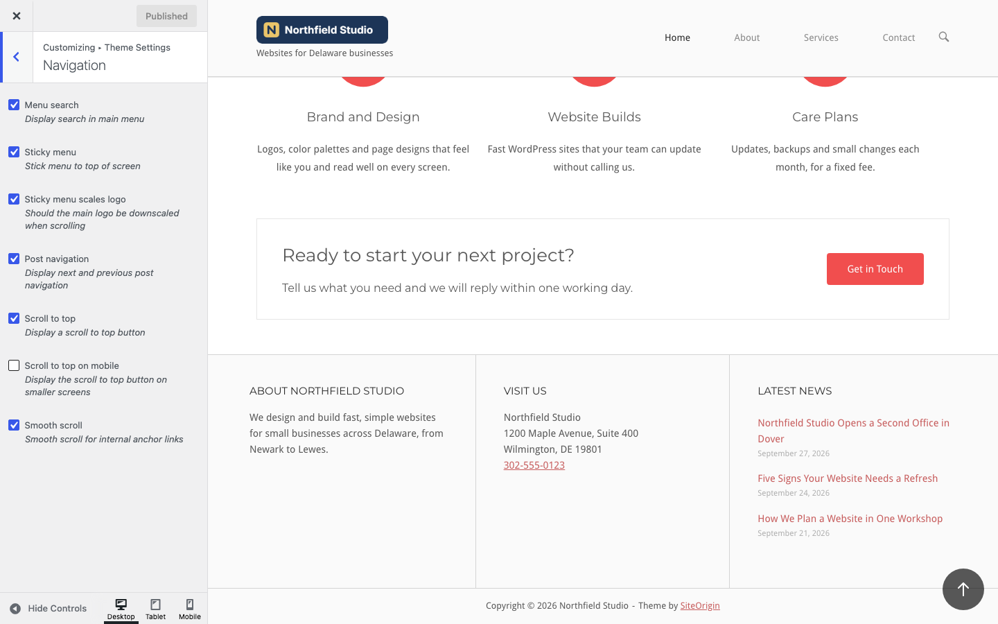 The Navigation section with the sticky header and scroll to top button in the preview