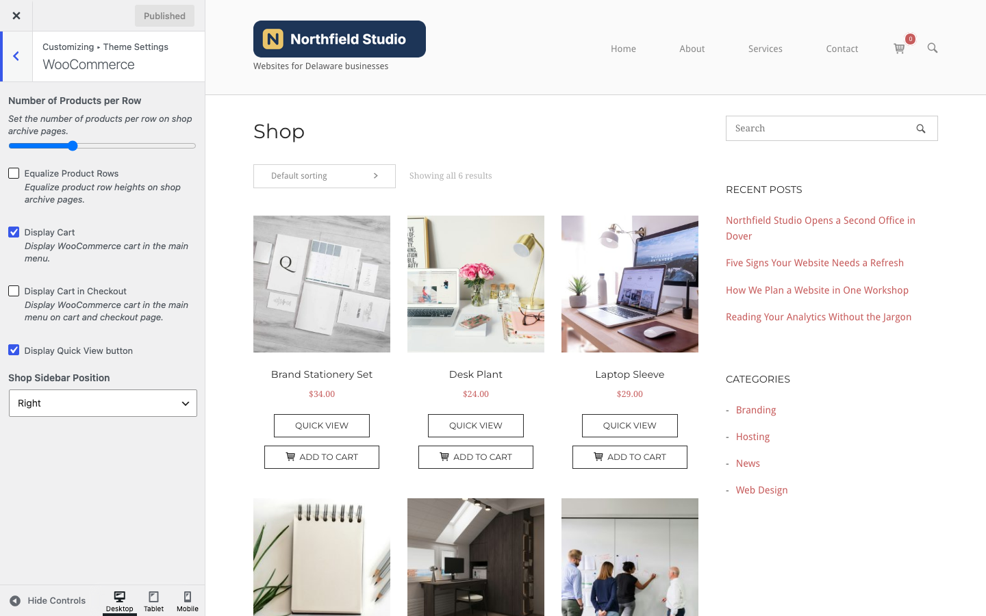 The WooCommerce section with Display Quick View button turned on and the shop in the preview