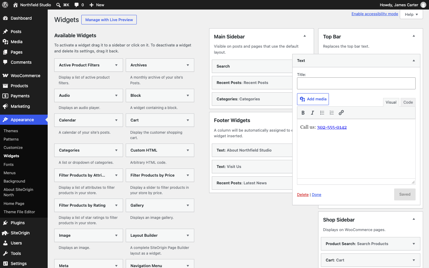 The Widgets screen with the Main Sidebar, Footer Widgets, Top Bar and Shop Sidebar areas