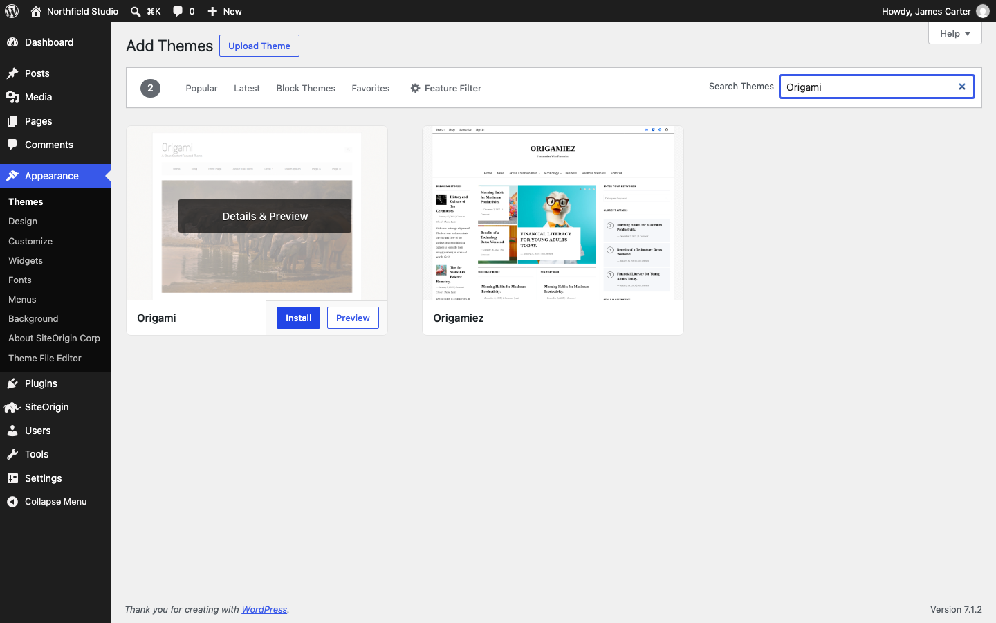 The Add Themes screen with Origami in the search field and the Install button on the Origami card
