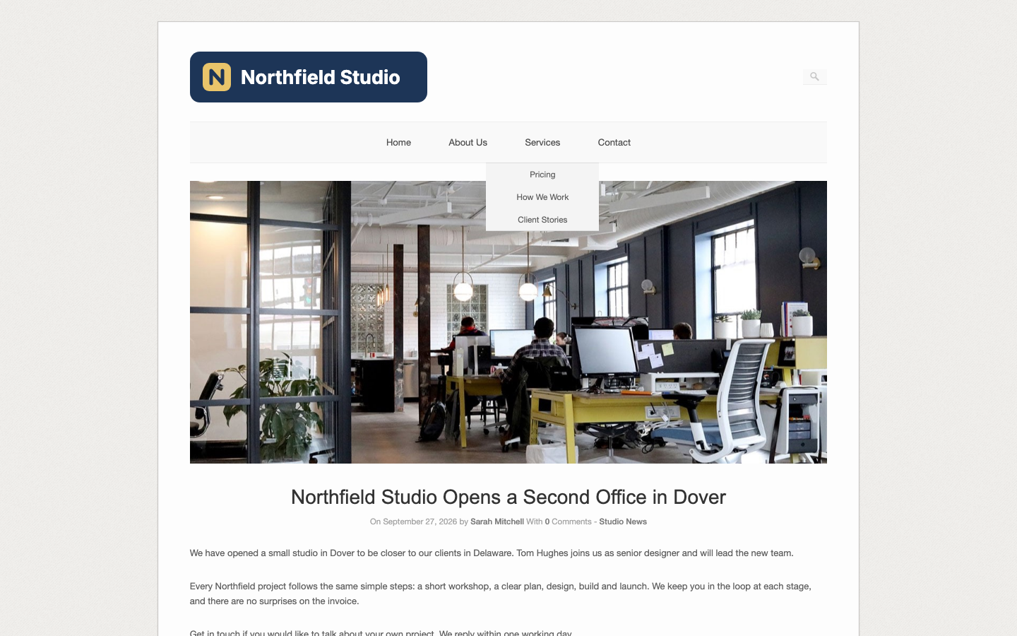 The Northfield Studio blog in Origami with the Services drop-down menu open