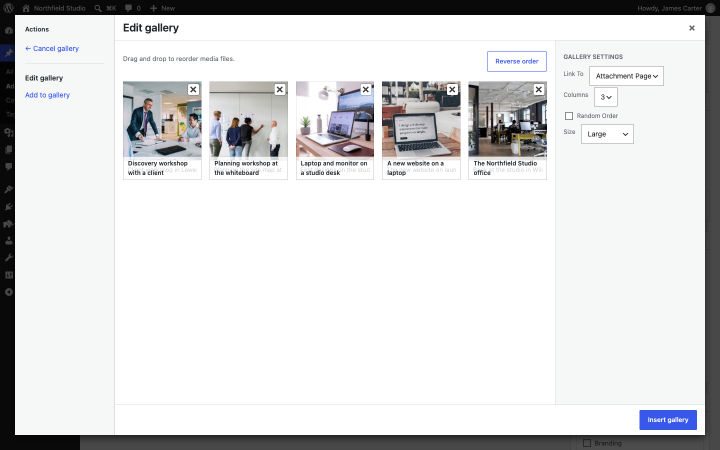 The Edit gallery screen with five images and the Size setting at Large