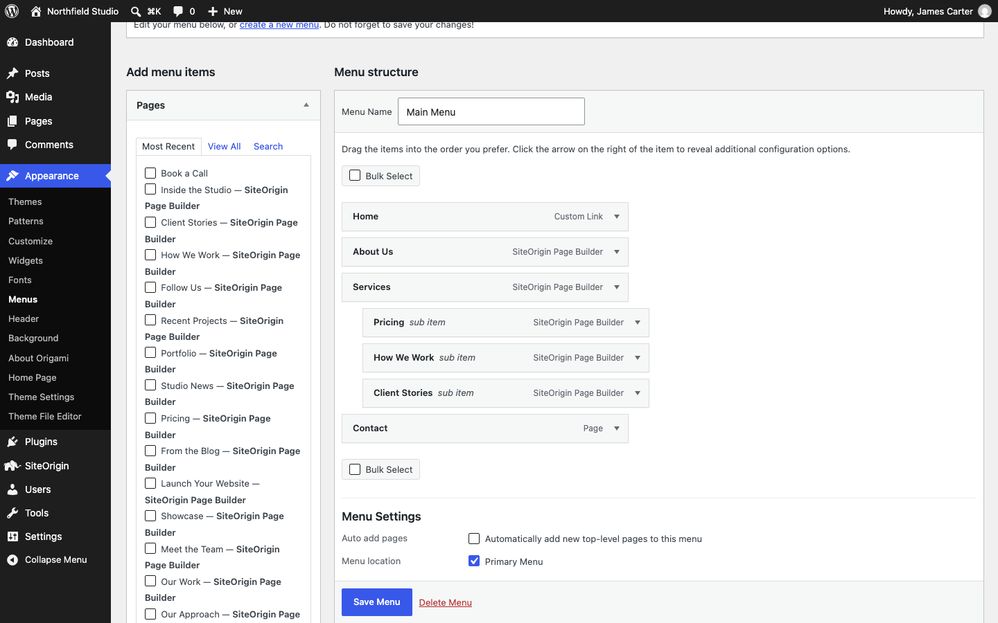 The Menus screen with a Services drop-down and Primary Menu ticked