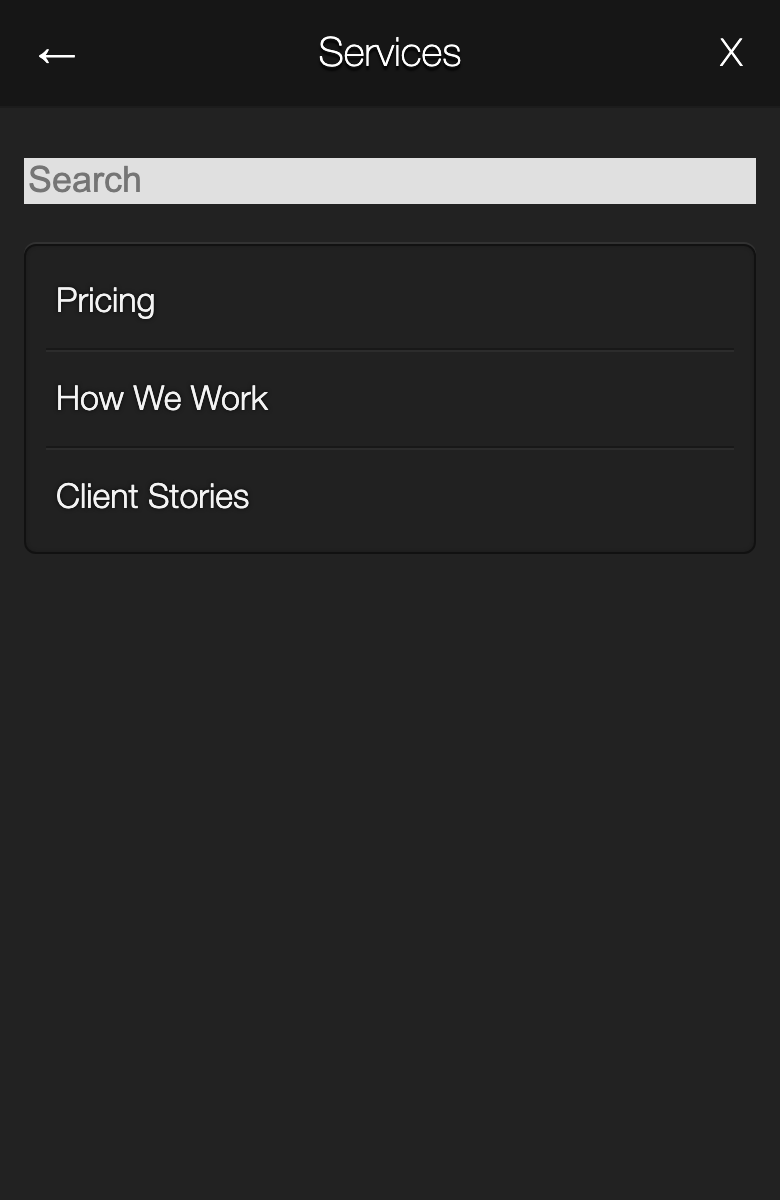 The Origami mobile menu panel showing the Services sub items