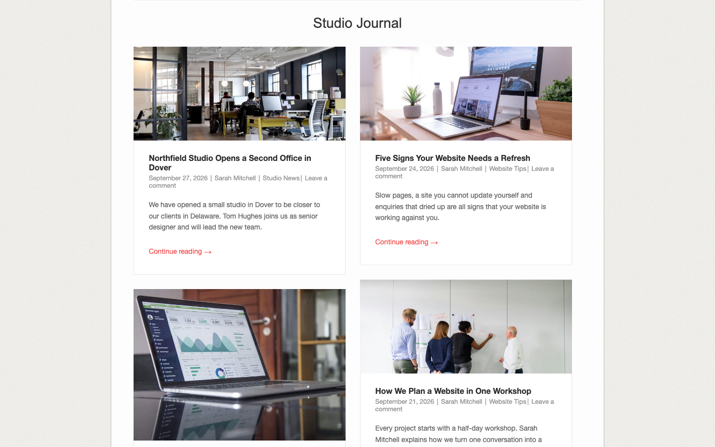 Northfield Studio posts in the Blog Widget Masonry template