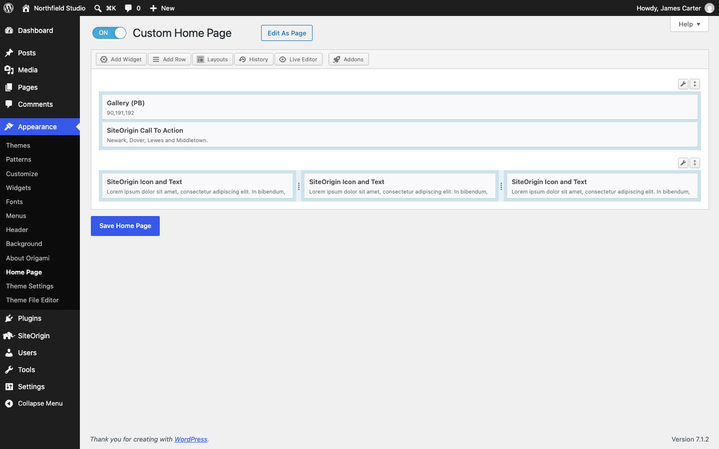 The Home Page screen with the toggle on and the Business Home Page layout