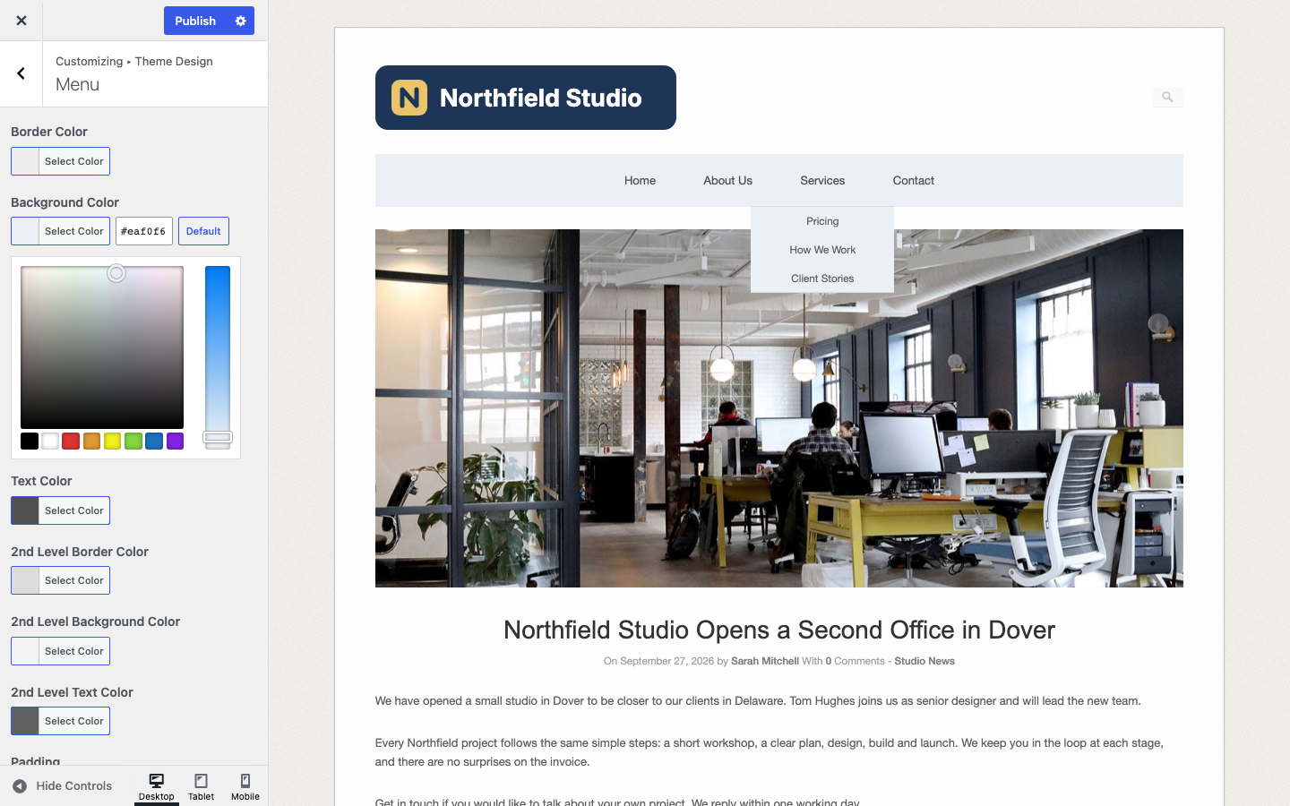 The Menu section of Theme Design with a light menu background color in the preview