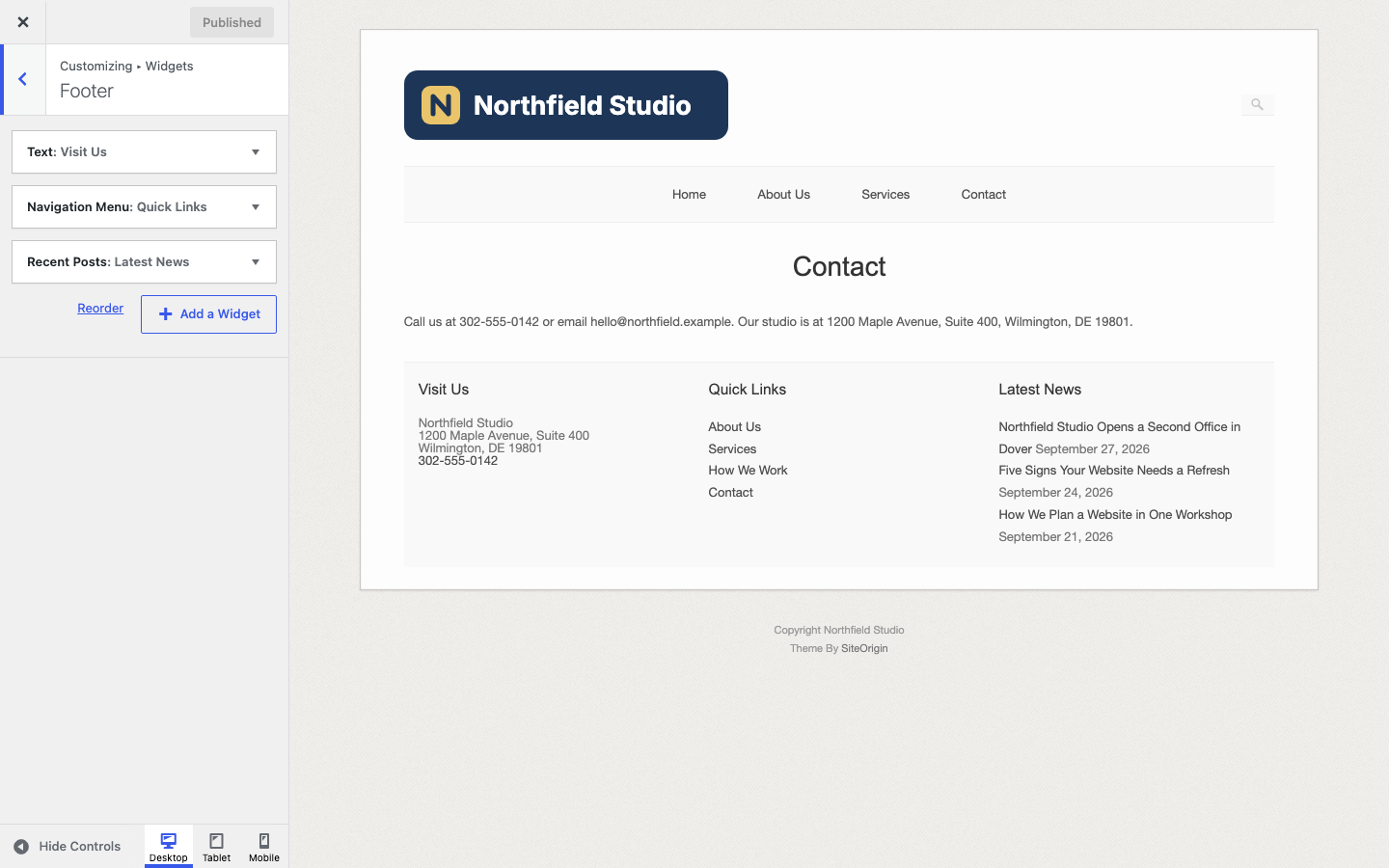 The Footer widget section in the Customizer with the three-column footer in the preview