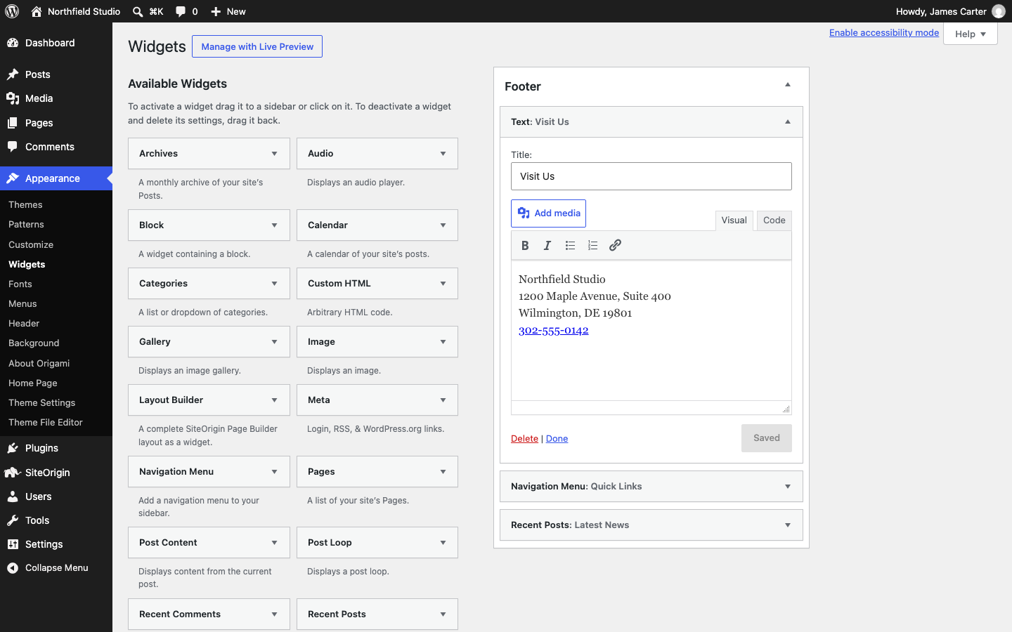 The Widgets screen with three widgets in the Footer area
