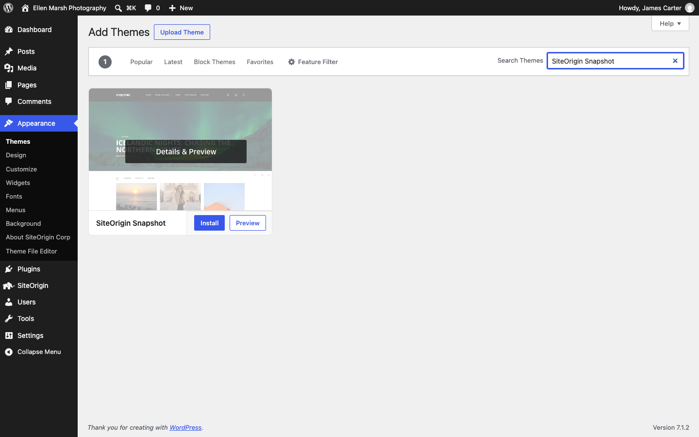 The Add Themes screen with SiteOrigin Snapshot in the search results and its Install button