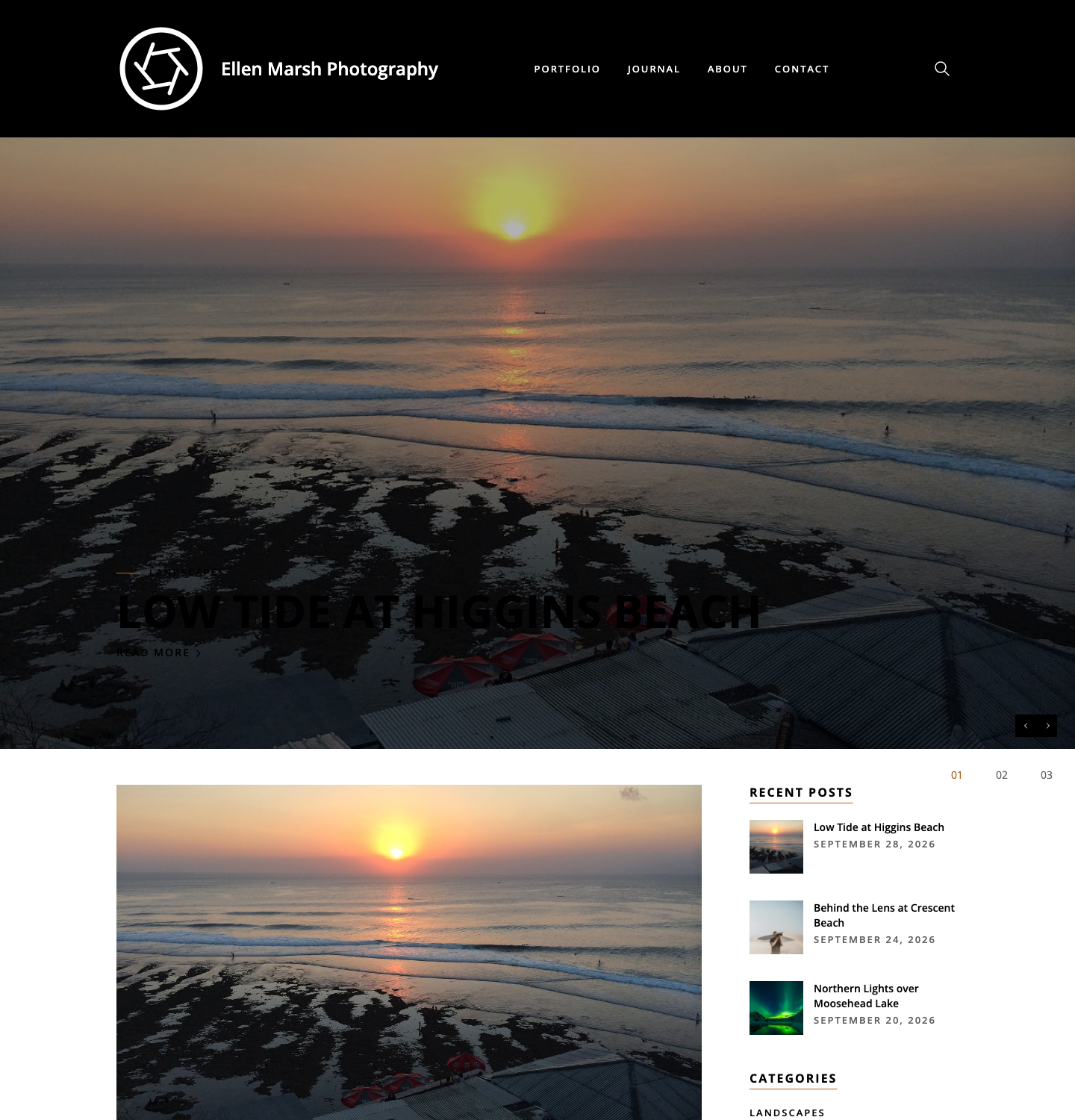 The SiteOrigin Snapshot home page with the header, menu and Posts Slider on a beach photo