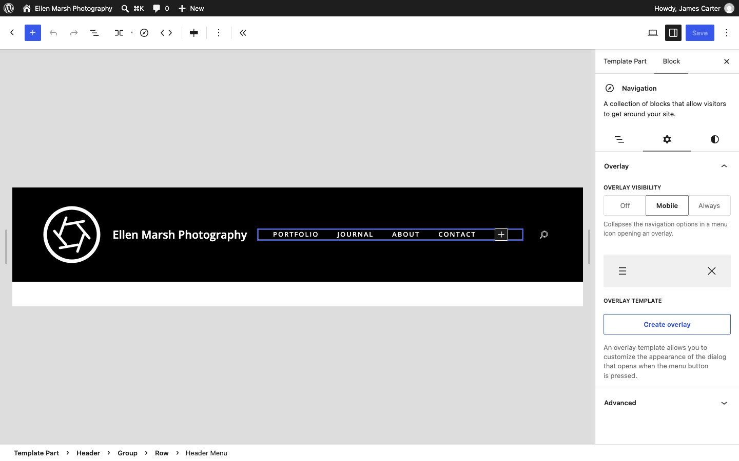 The Snapshot header in the Site Editor with the Navigation block selected and Overlay Visibility set to Mobile