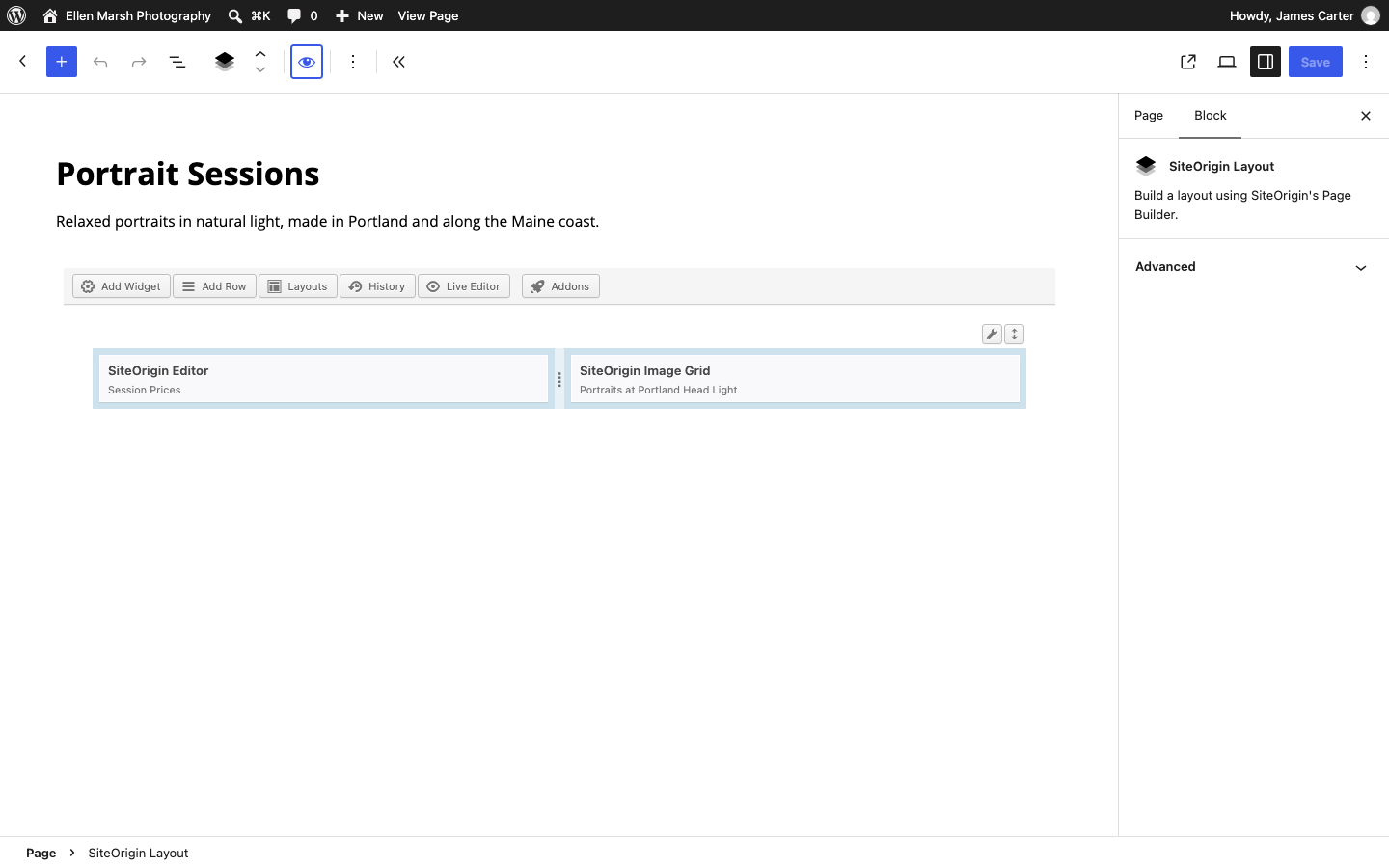 A SiteOrigin Layout Block on a Portrait Sessions page with a SiteOrigin Editor and an Image Grid