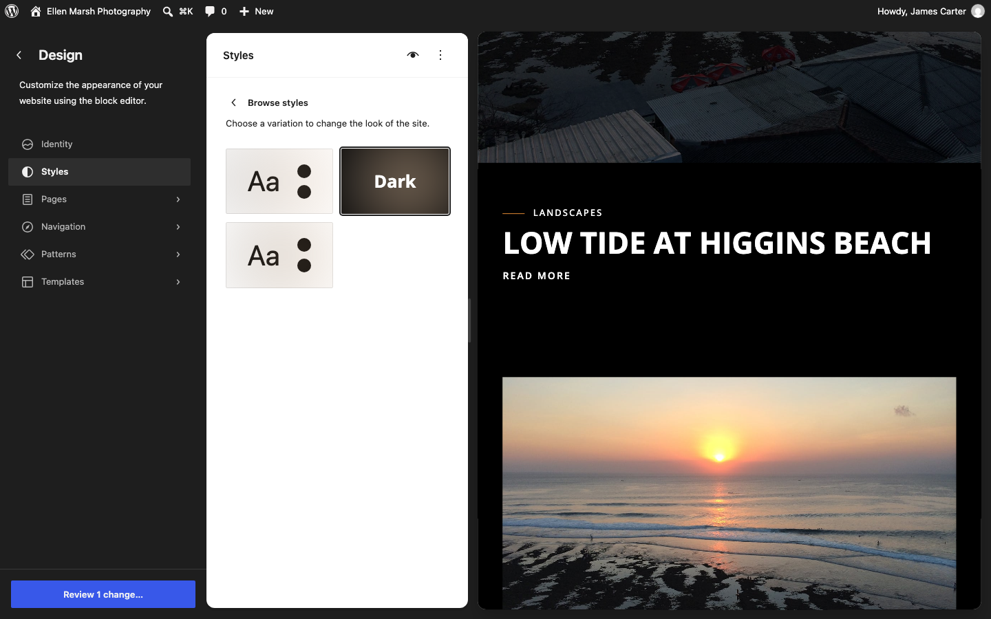Browse styles in the Site Editor with the Snapshot Dark style selected