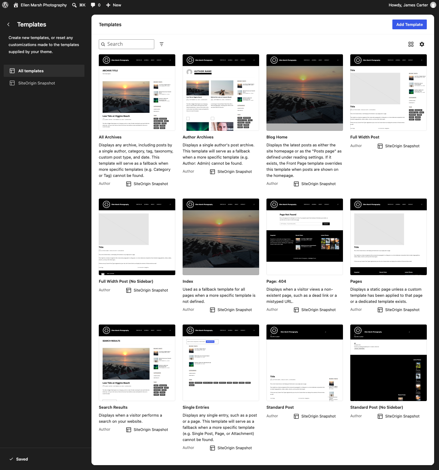 The Site Editor Templates screen listing the SiteOrigin Snapshot templates