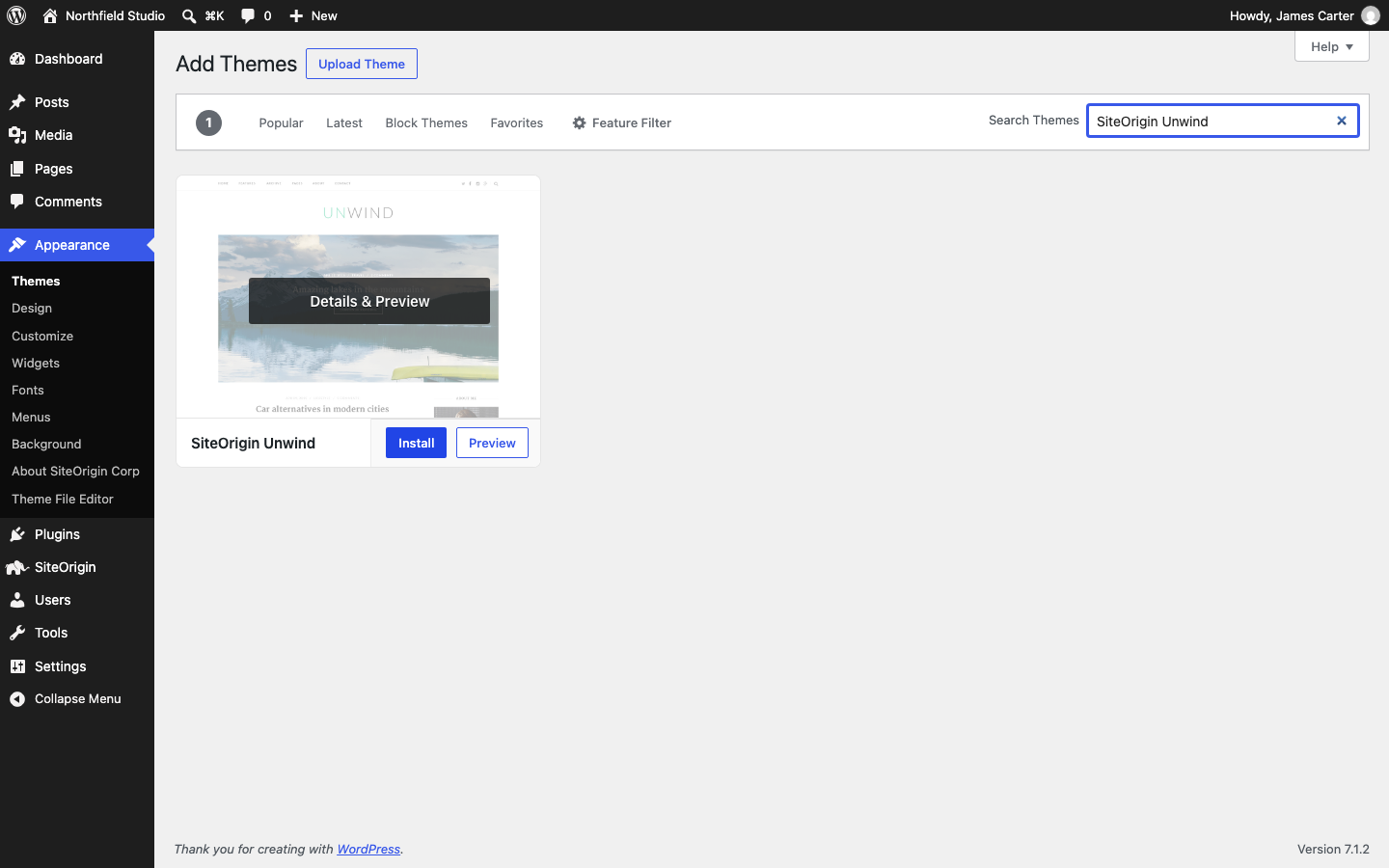 The Add Themes screen with SiteOrigin Unwind in the search results and its Install button