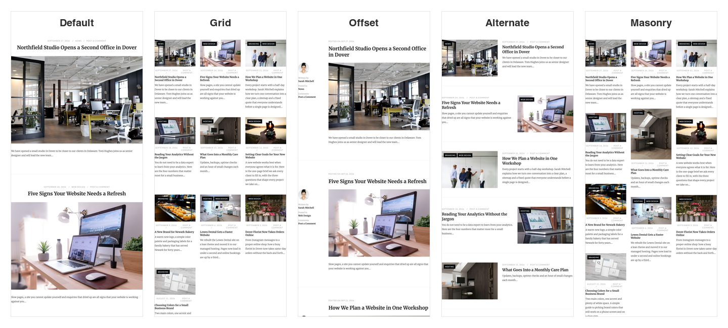 The five Unwind blog layouts side by side