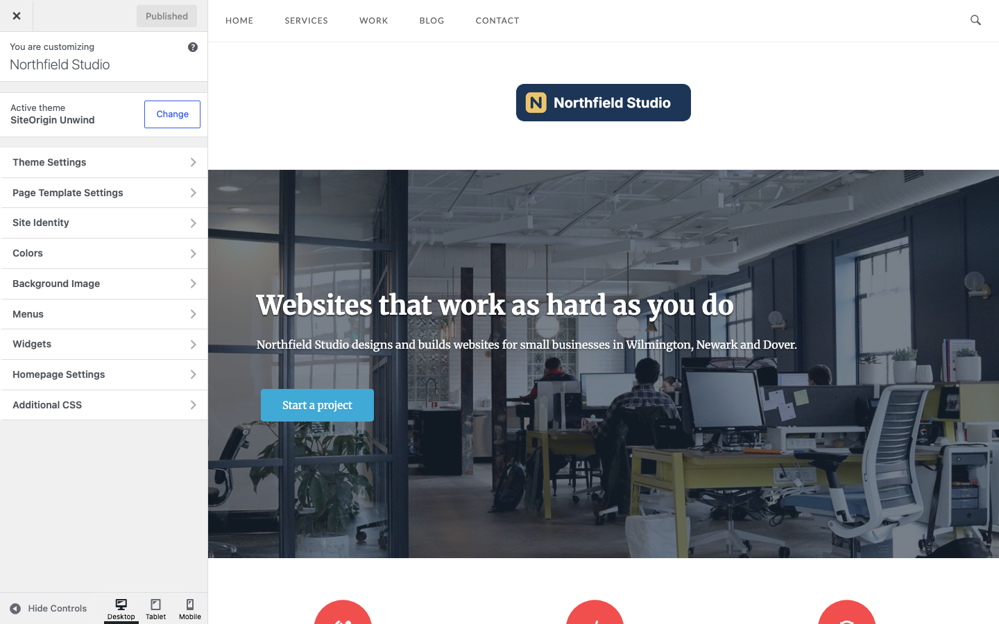 The Customizer with the Theme Settings and Page Template Settings panels above the WordPress panels