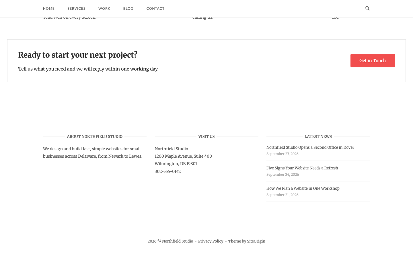 The site footer with three widget columns above the bottom bar