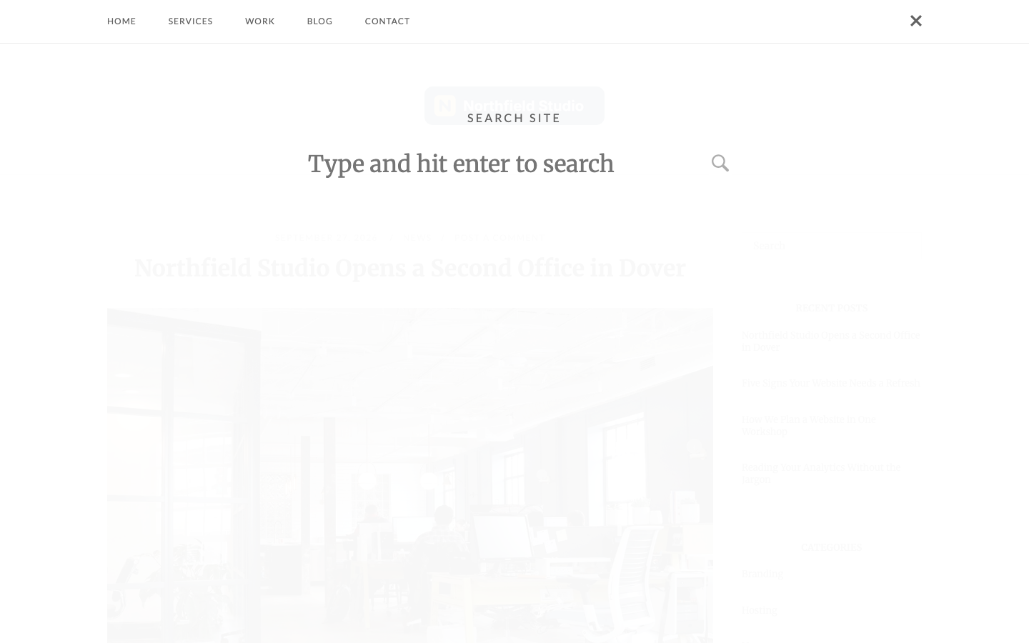 The fullscreen search with the Search Site heading