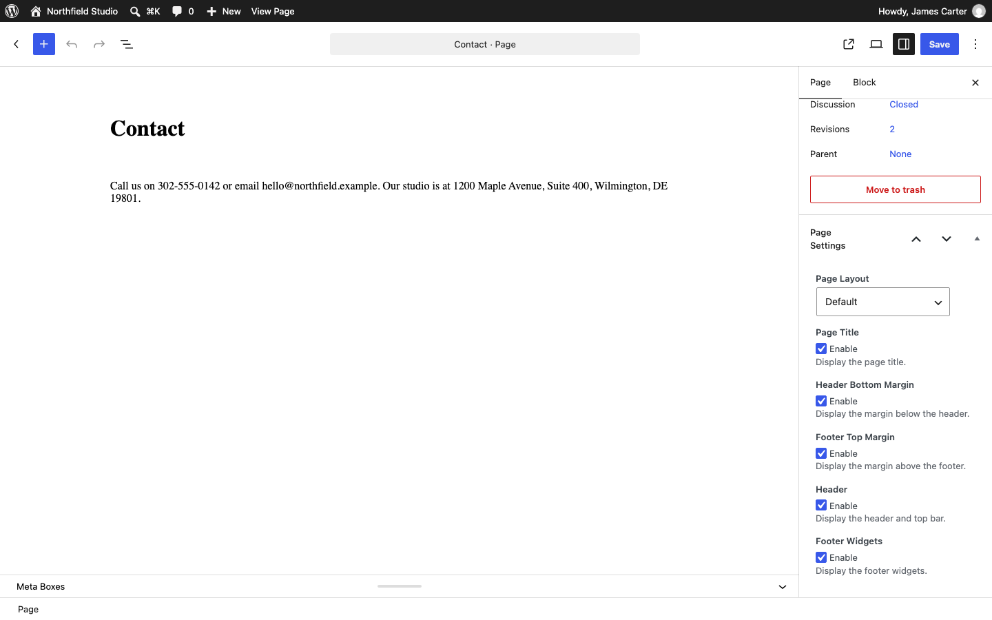 The Page Settings panel in the Block Editor sidebar