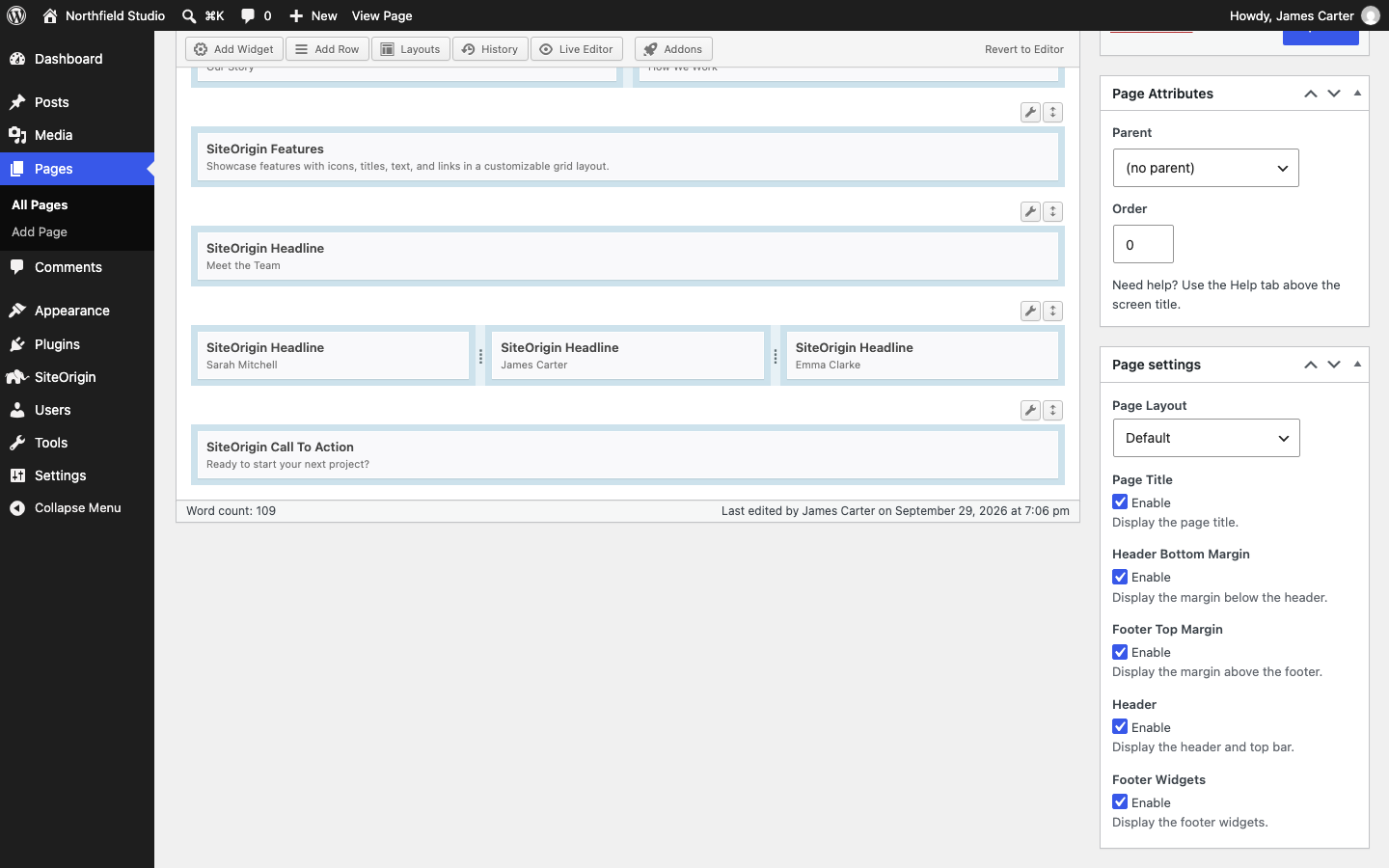 The Page settings box beside a Page Builder layout in the Classic Editor