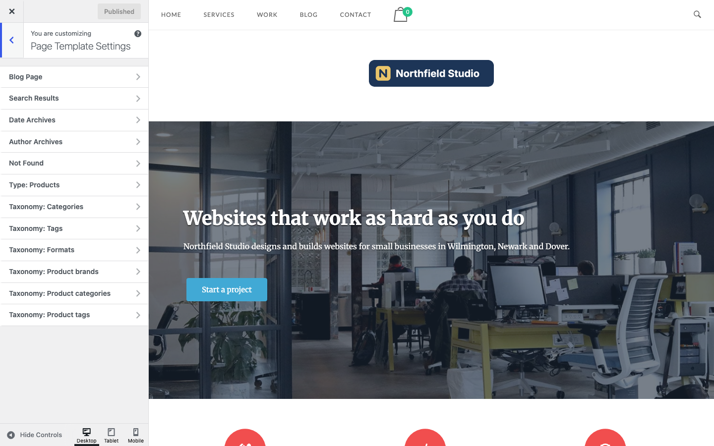 The Page Template Settings panel listing the blog, archive and WooCommerce templates