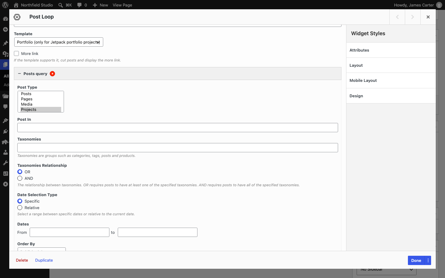 The Post Loop Widget with the Portfolio template and the Projects post type