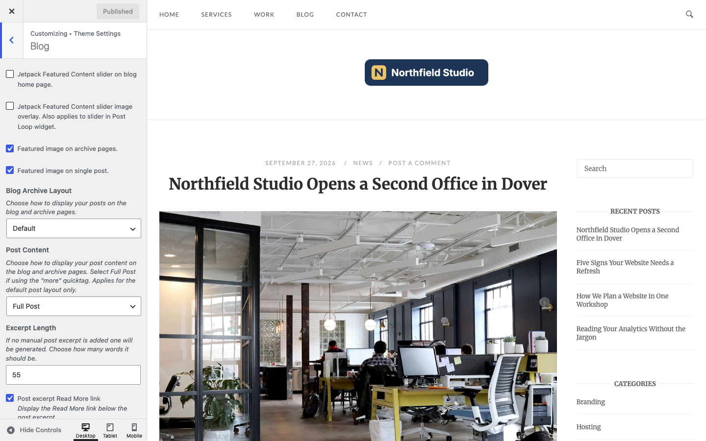 The Blog section with the slider, featured image and archive layout settings