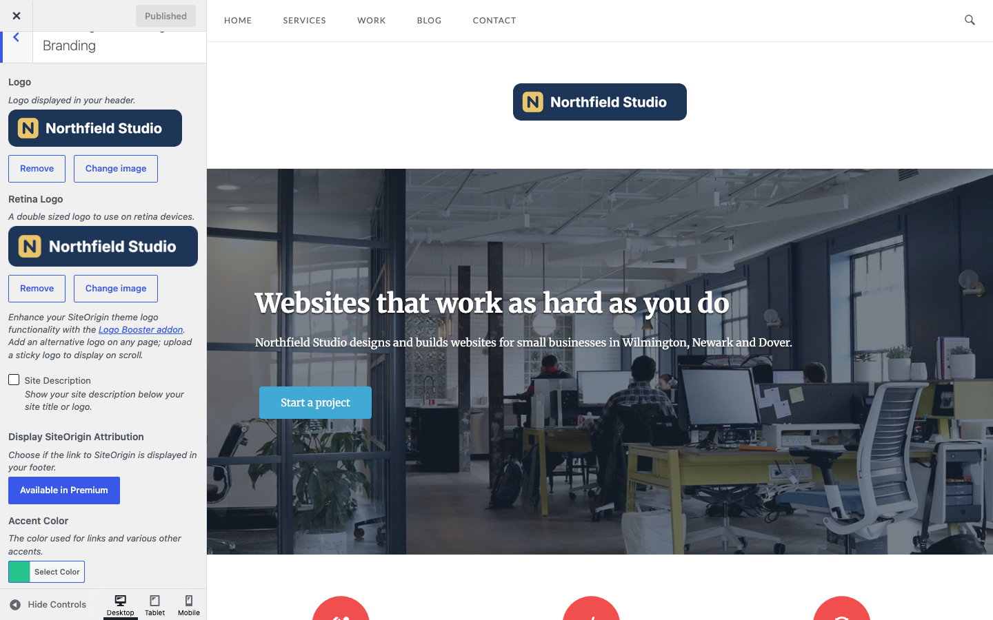 The Branding section with the Northfield Studio logo, the Logo Booster note and the Available in Premium button