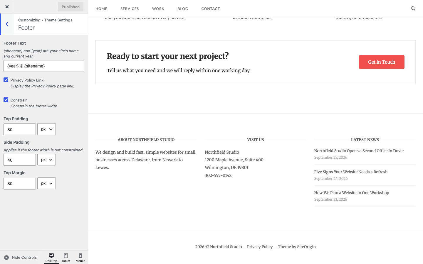 The Footer section with the footer text, width and spacing settings