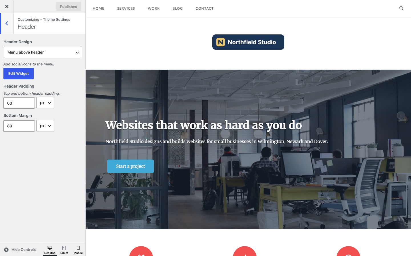 The Header section with the Header Design, social widget, padding and margin settings