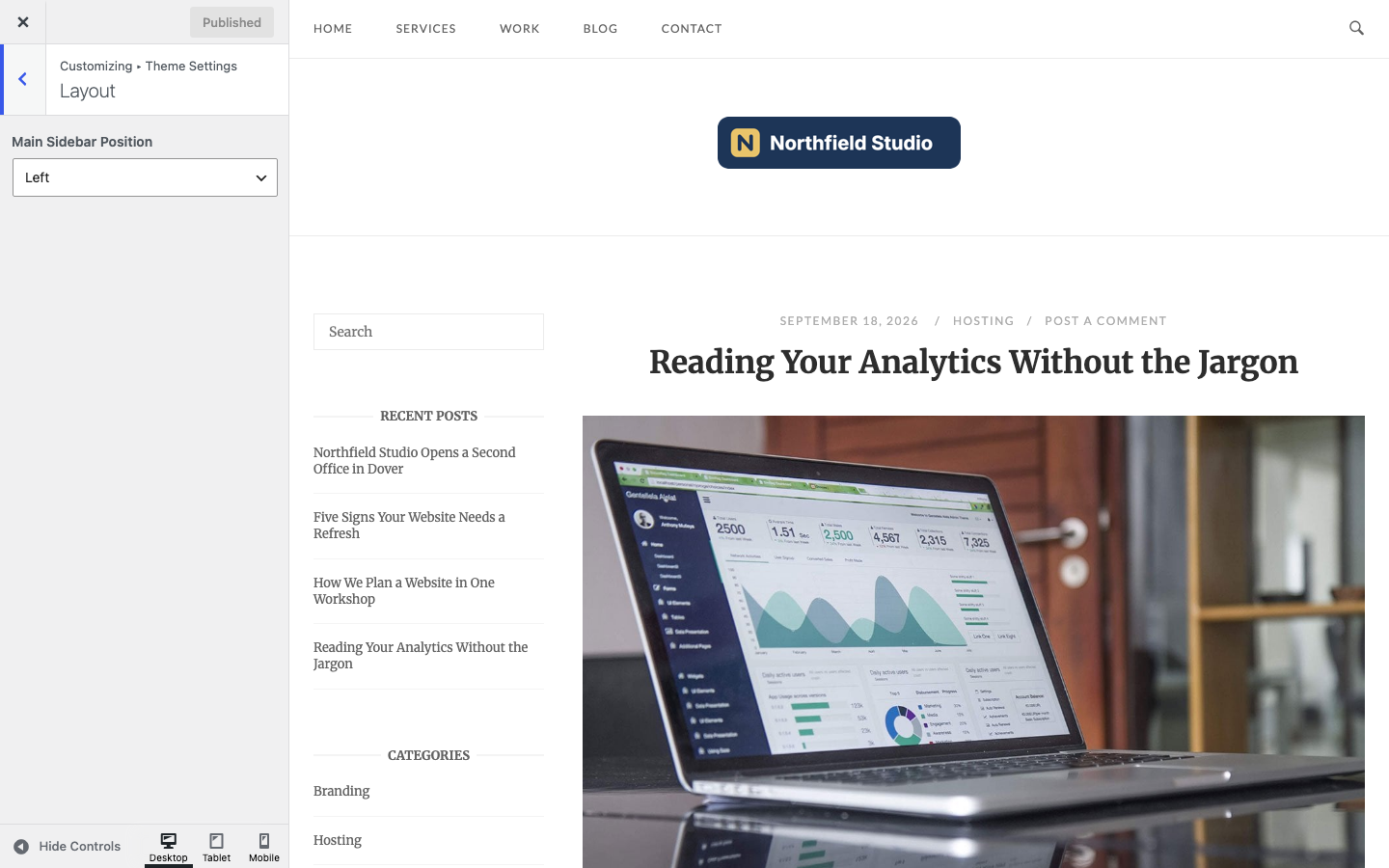 The Layout section with the sidebar on the left of a post