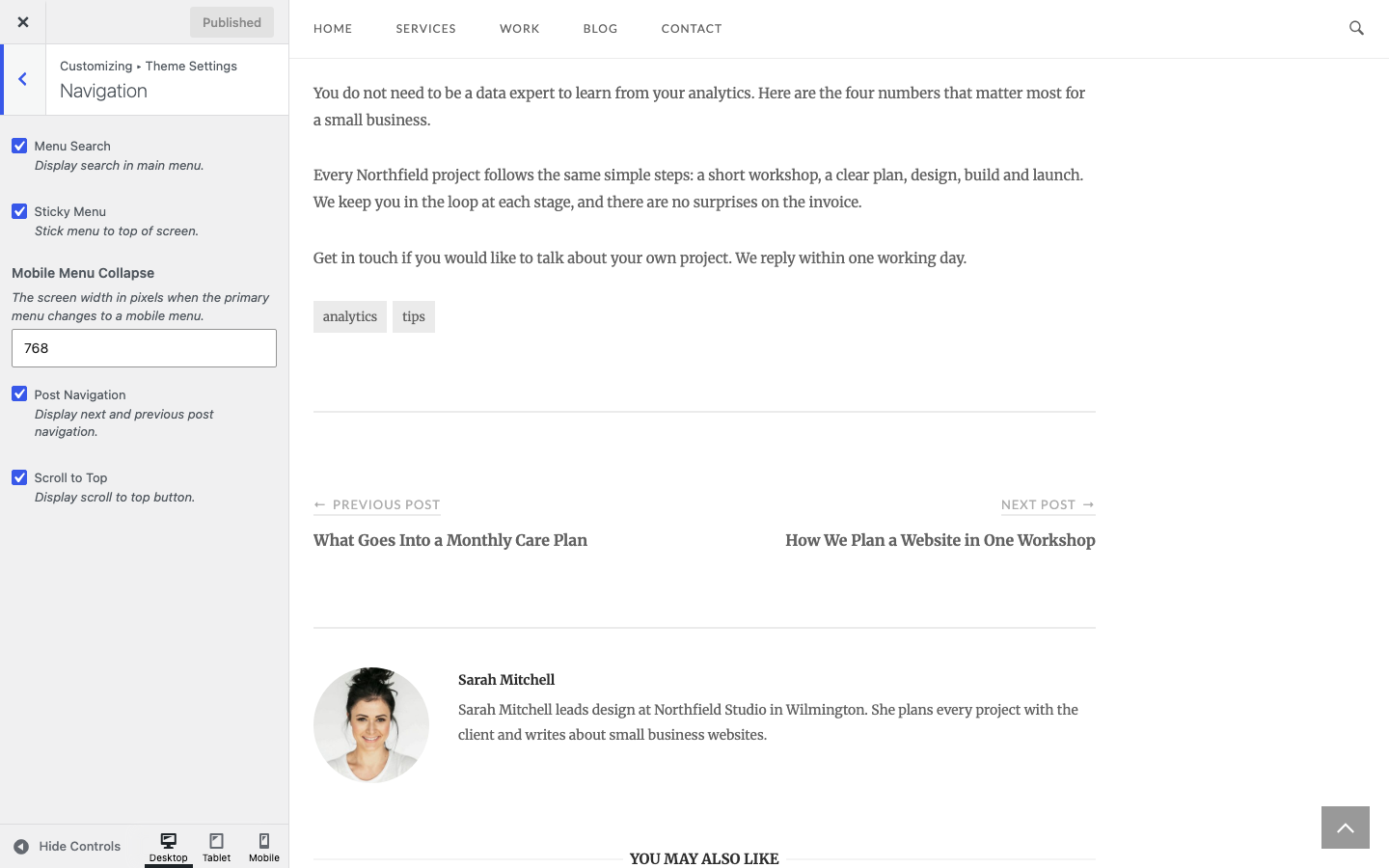 The Navigation section with Scroll to Top turned on and the button in the preview