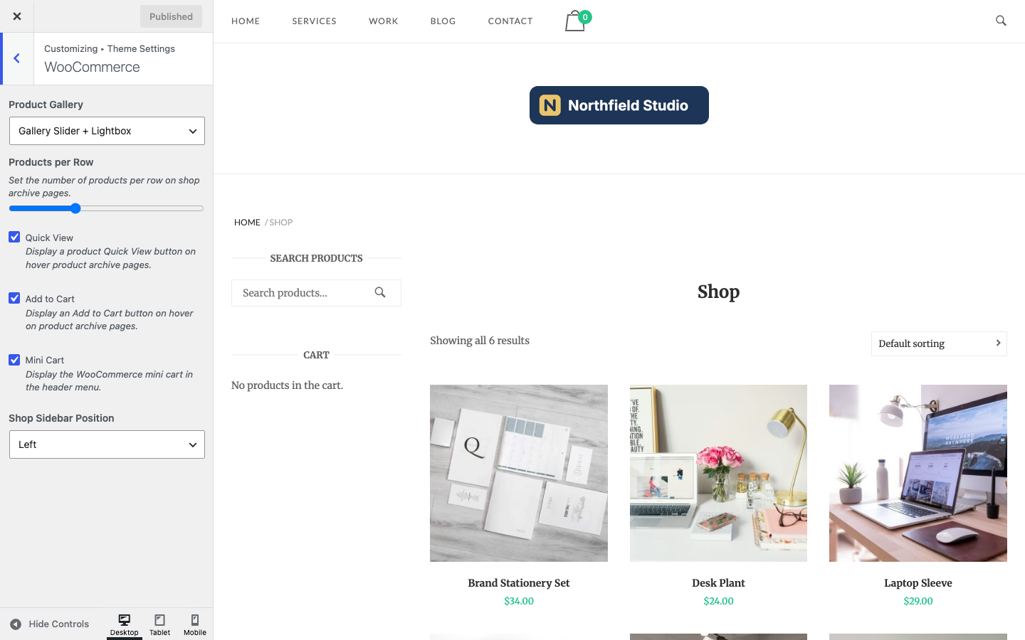 The WooCommerce section with the shop in the preview