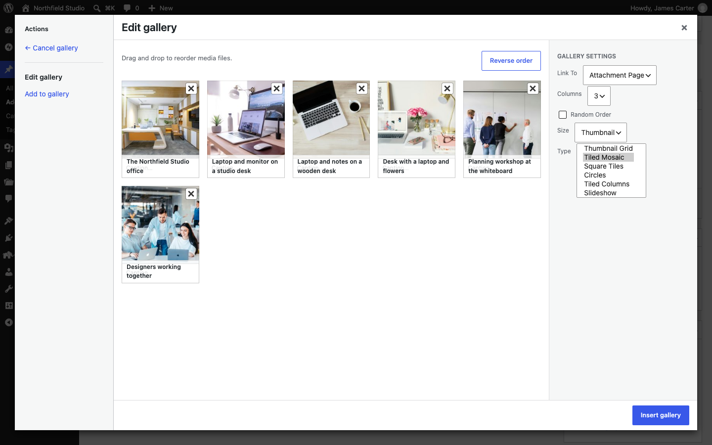 The gallery settings with the Tiled Mosaic type in the Type list