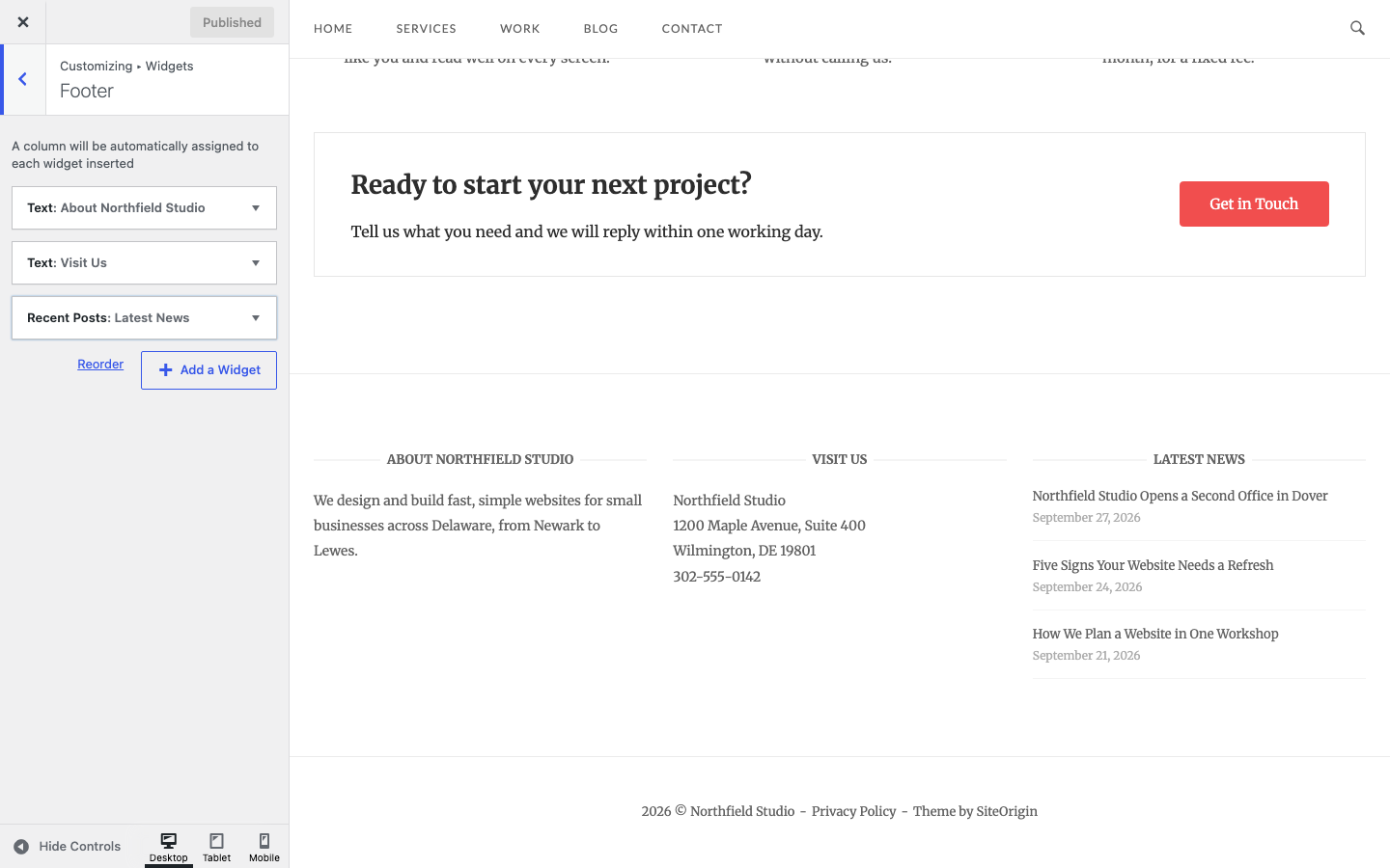The Footer widget area in the Customizer with three columns in the preview