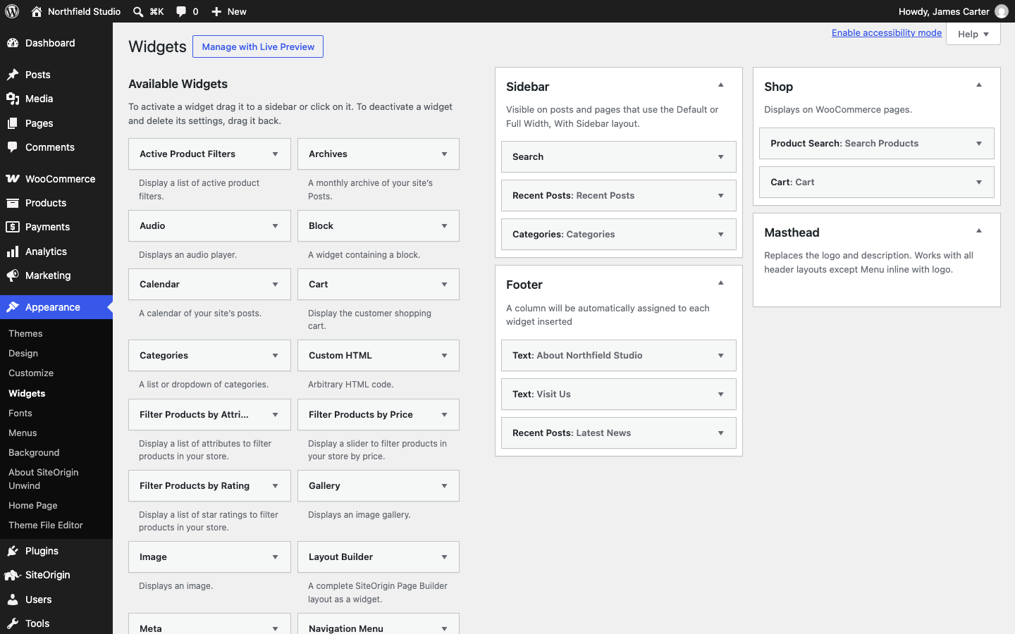 The Widgets screen with the Sidebar, Footer, Shop and Masthead areas