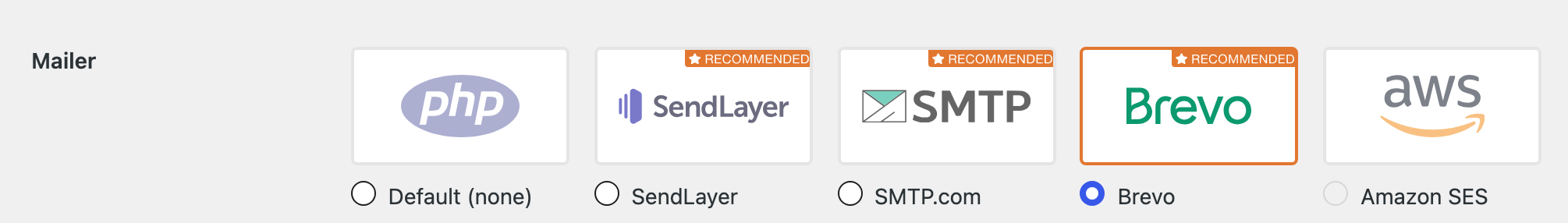 WP Mail SMTP Mailer options with Brevo selected