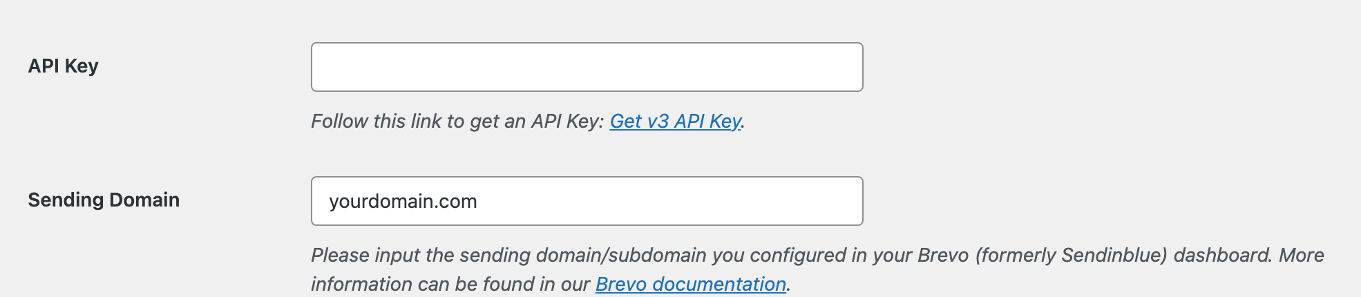WP Mail SMTP Brevo settings with the API Key and Sending Domain fields