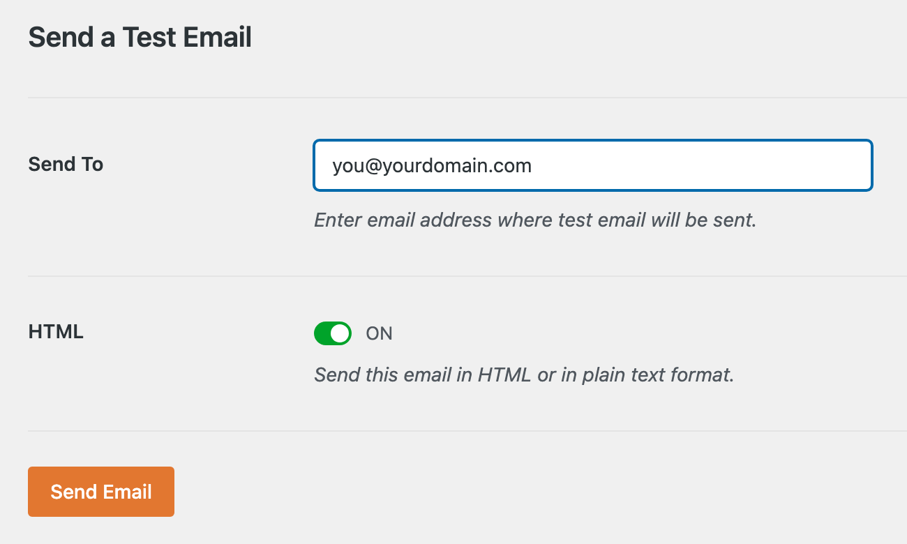 WP Mail SMTP Email Test tab with the Send To field and Send Email button