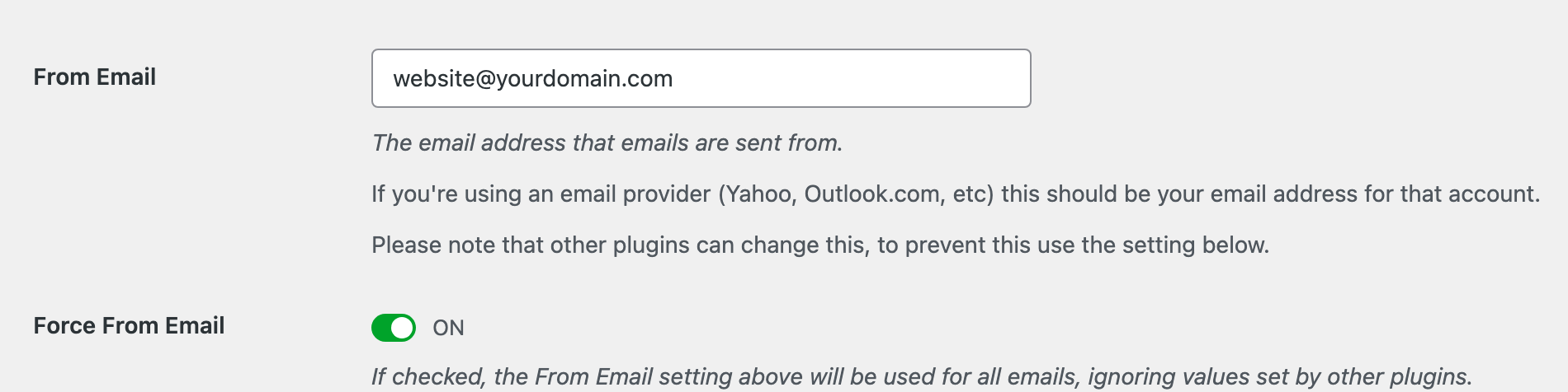 WP Mail SMTP From Email setting with Force From Email turned on